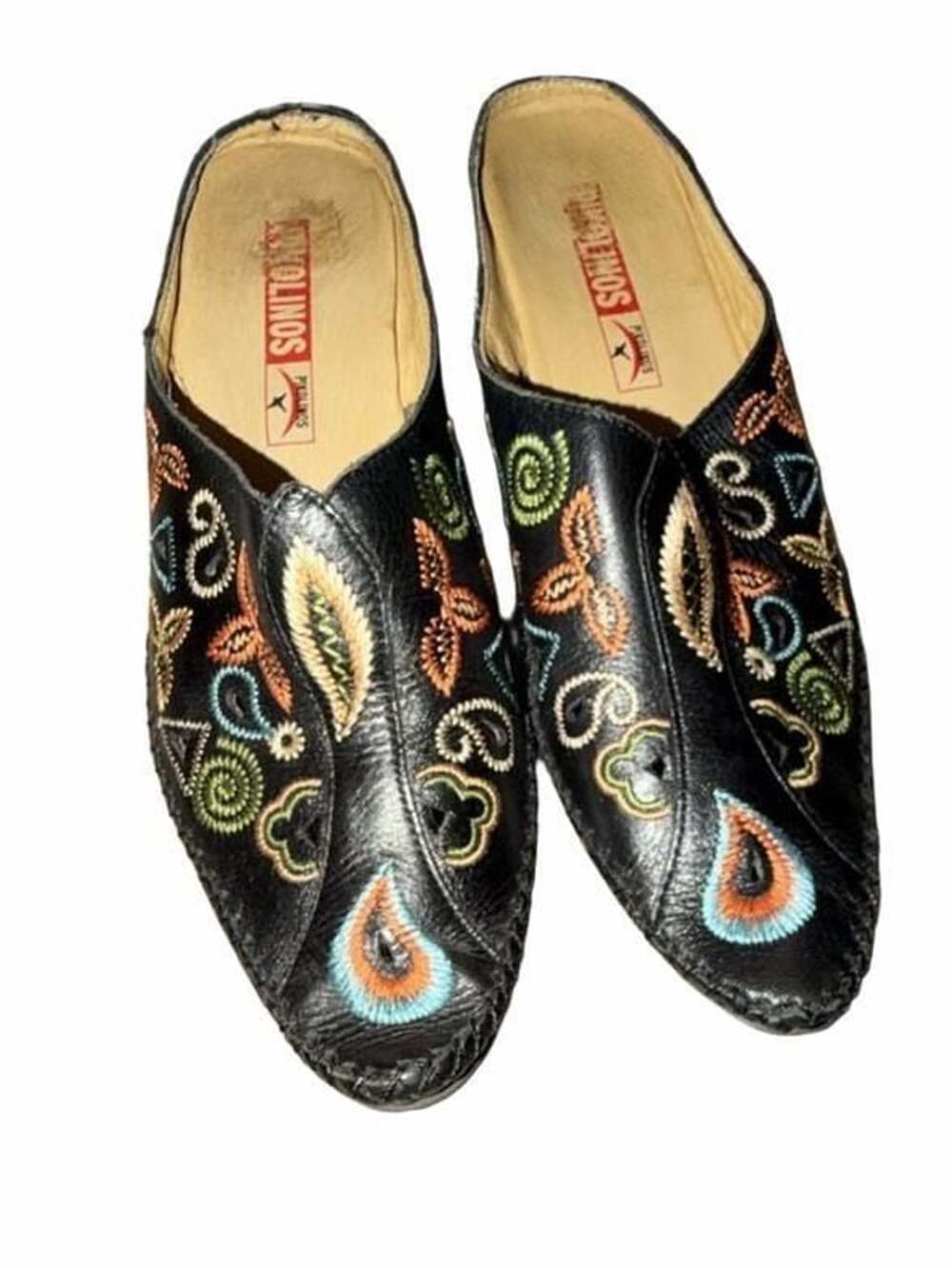 Pikolinos Vintage Black Leather Spanish Embroidered Mules Size 37